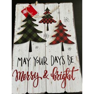Christmas House Merry & Bright Plaid Tree Wall Décor Sign Home Decor 9x12 inch